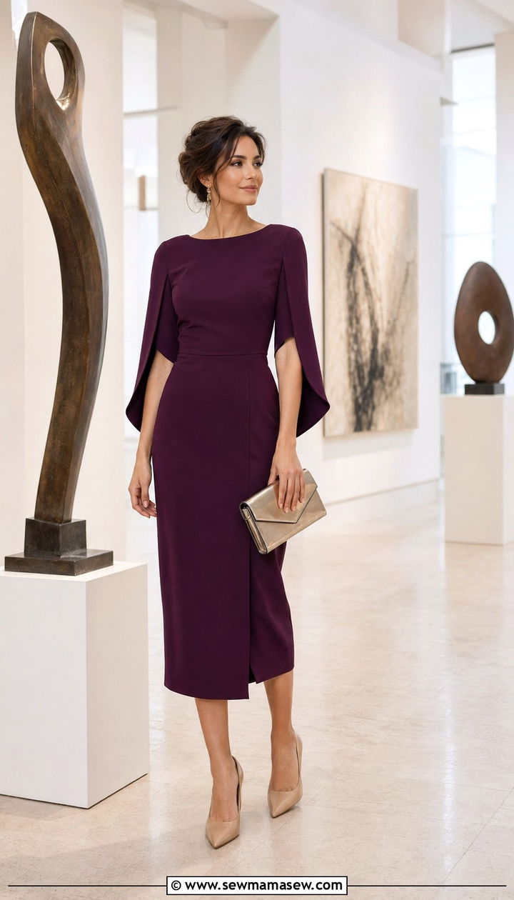 Plum midi dress with cape sleeves outfit - 35 Plum outfit ideas