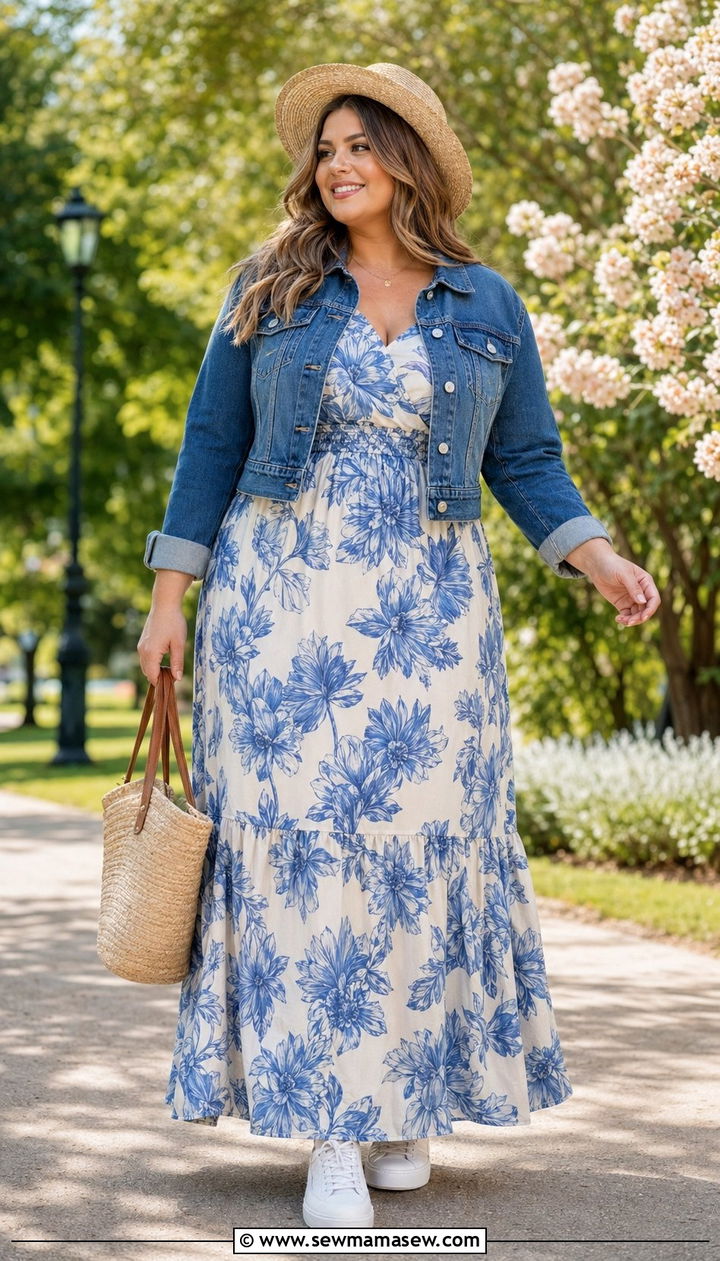 Plus Size A Line Maxi Dress With Denim Jacket - 30 Best dresses for plus size