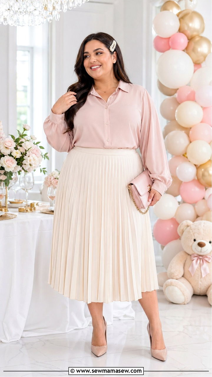Plus Size Baby Shower Blush Top with Pleated Skirt - 30 Plus size baby shower outfits