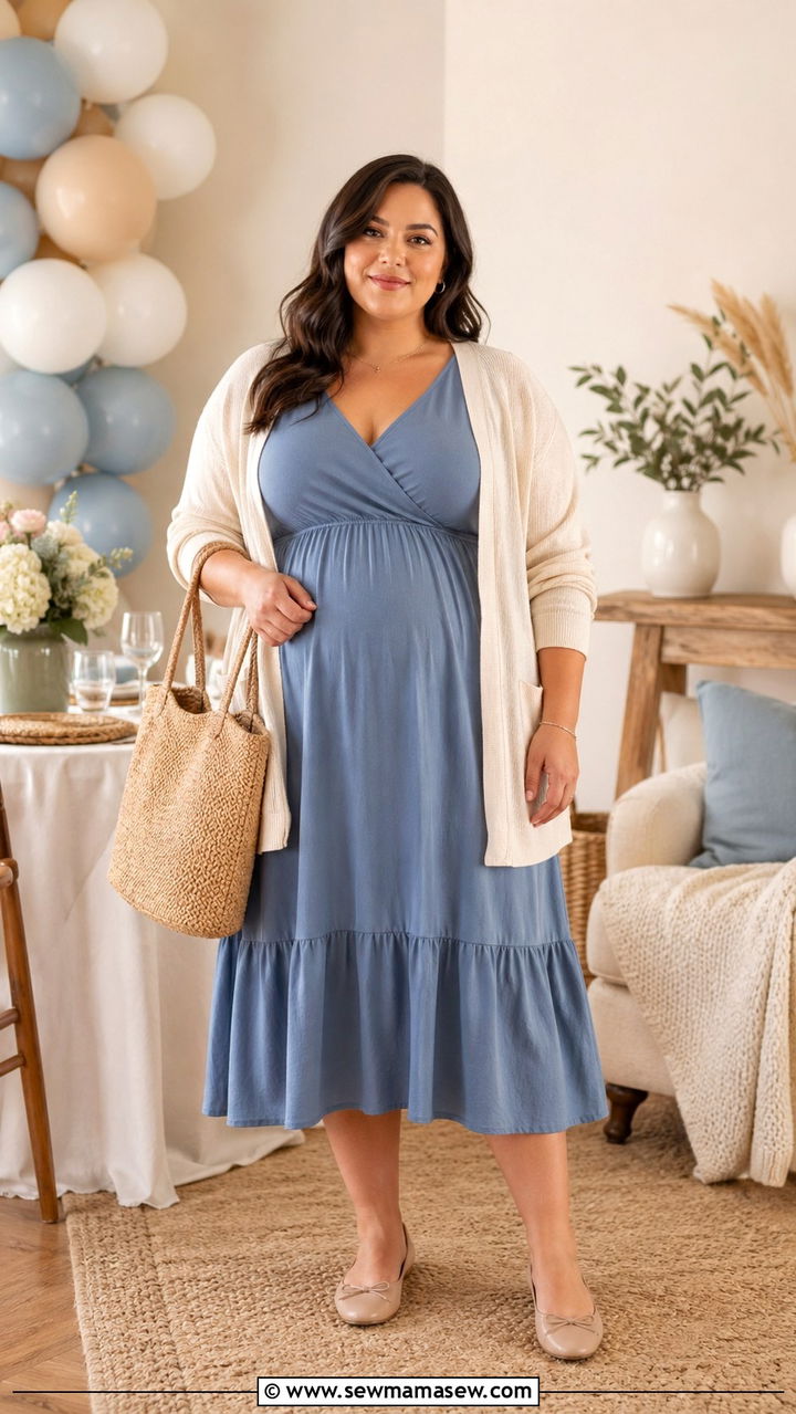 Plus Size Baby Shower Dusty Blue Midi Dress Outfit - 30 Plus size baby shower outfits