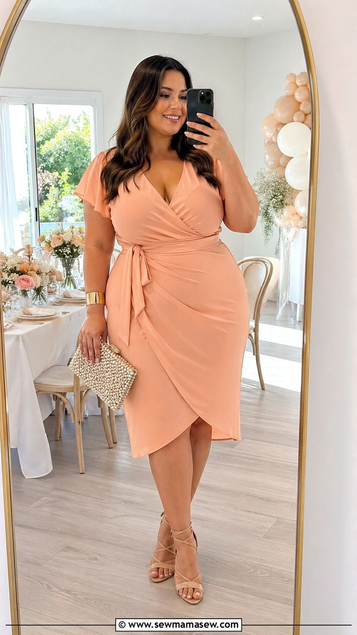 Plus Size Baby Shower Peach Wrap Dress - 30 Plus size baby shower outfits