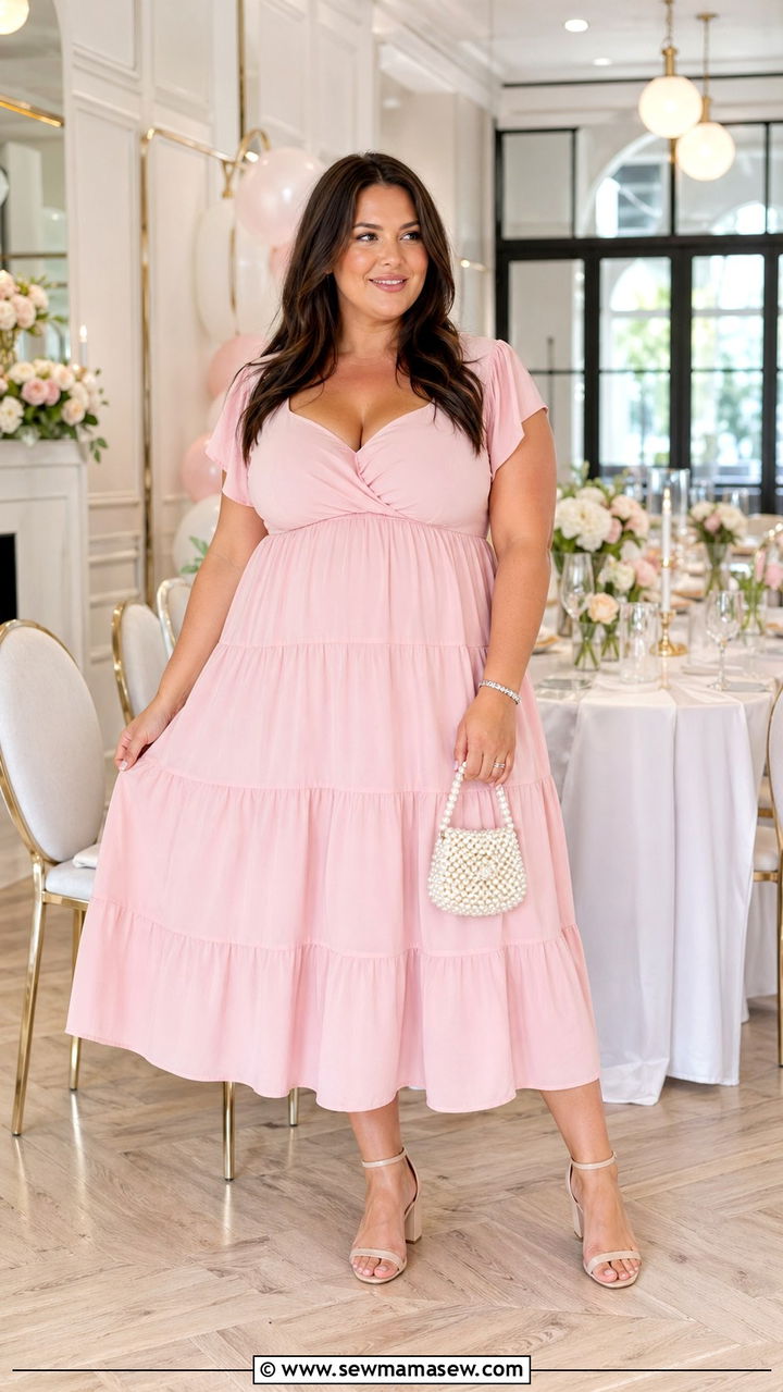 Plus Size Baby Shower Soft Pink Tiered Midi Dress - 30 Plus size baby shower outfits