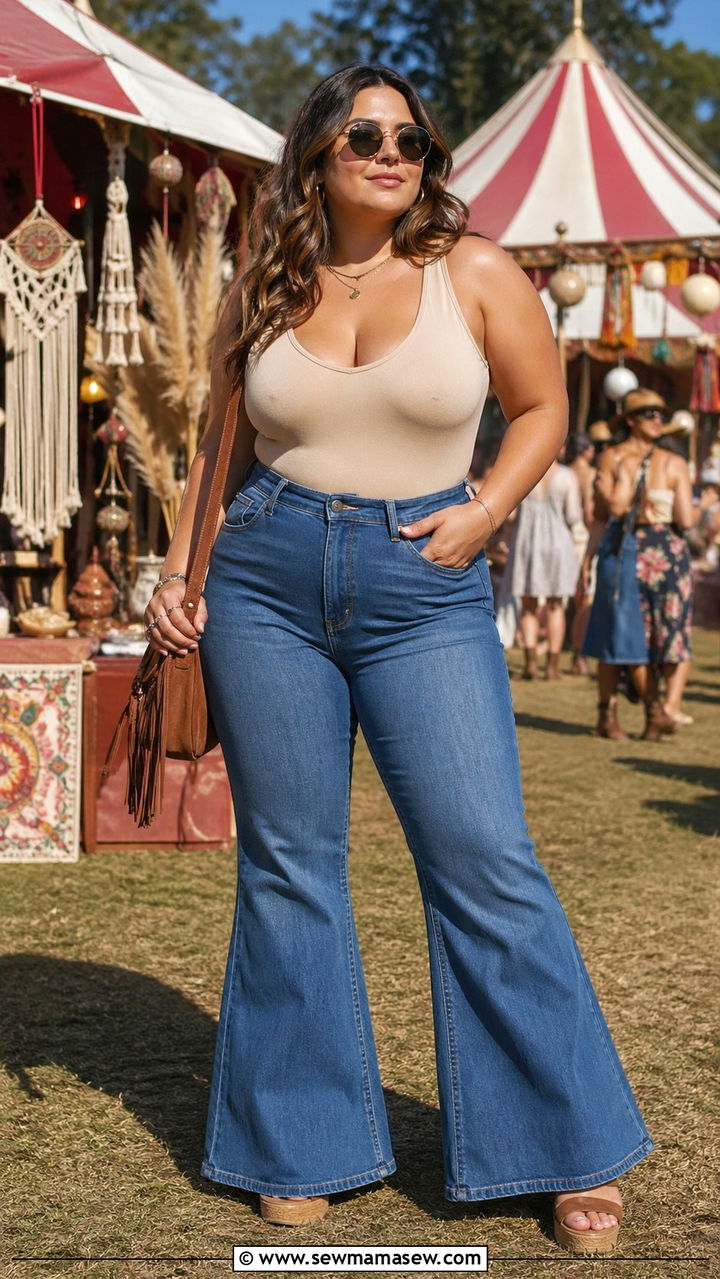 Plus Size Bell Bottom Jeans And Bodysuit Festival Outfit - 30 Plus size festival outfit ideas