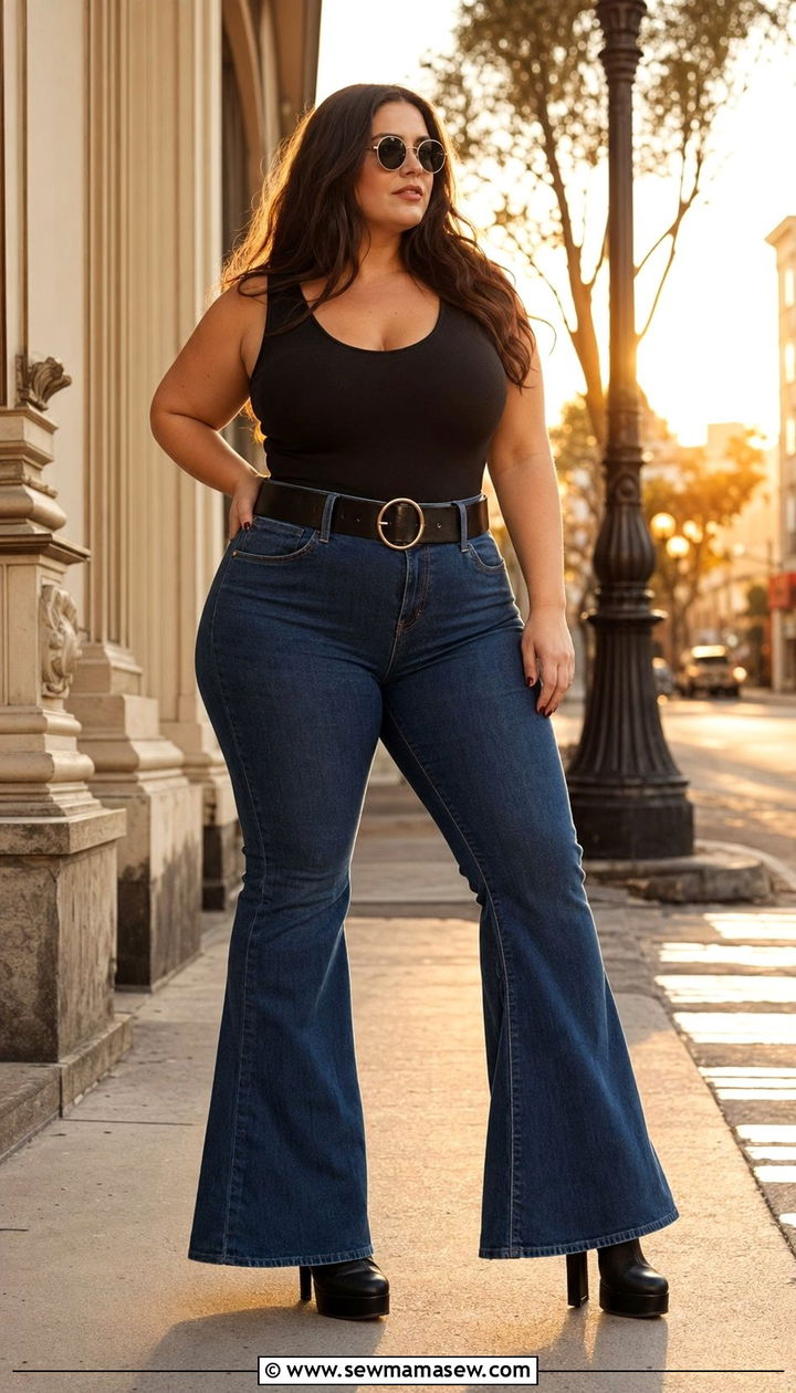 Plus Size Bell Bottom Jeans and Bodysuit - 35 Plus size outfit ideas size 20