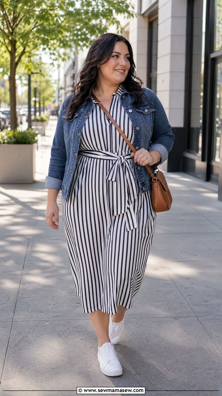 Plus Size Belted Midi Dress and Sneakers - 35 casual outfits for plus size women
