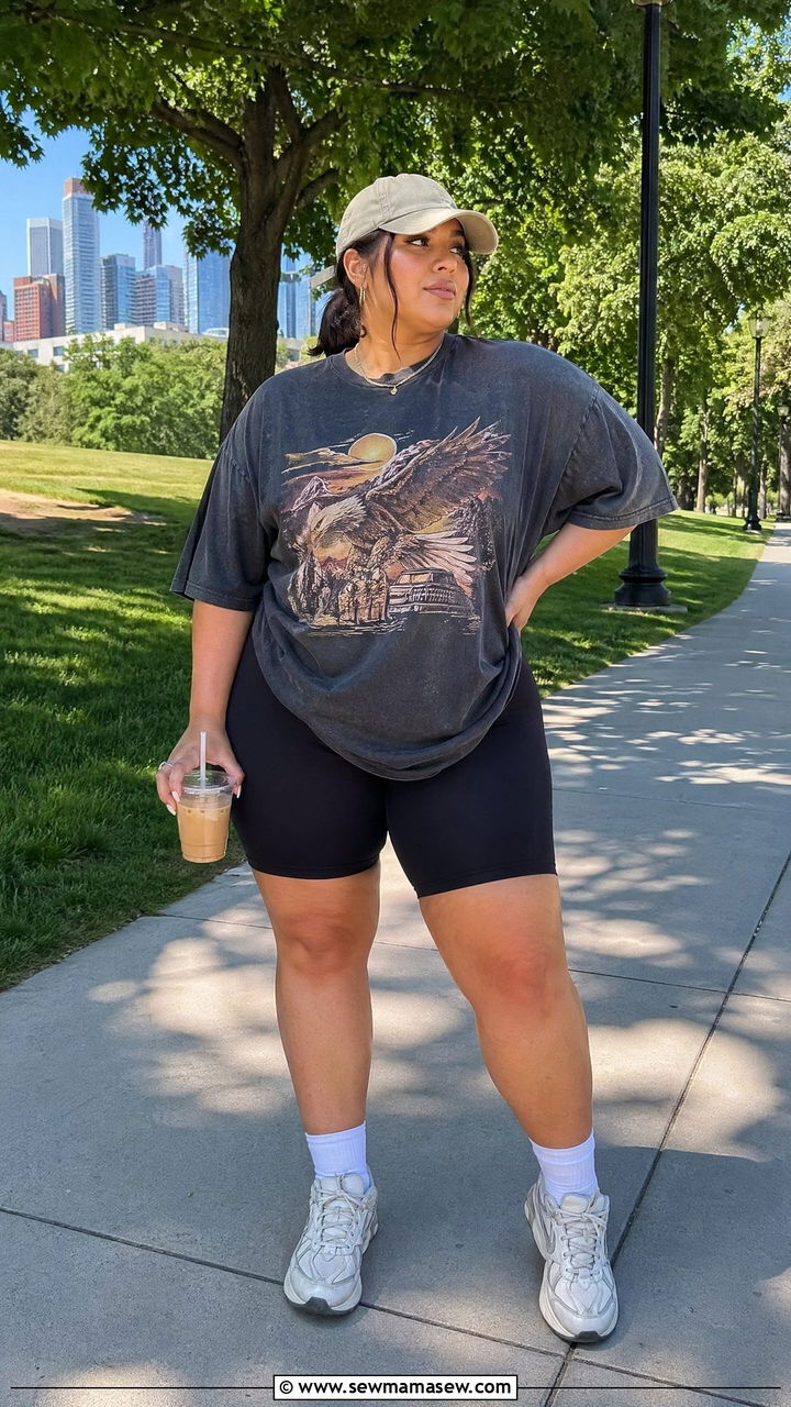Plus Size Biker Shorts and Oversized Tee Outfit - 35 casual outfits for plus size women