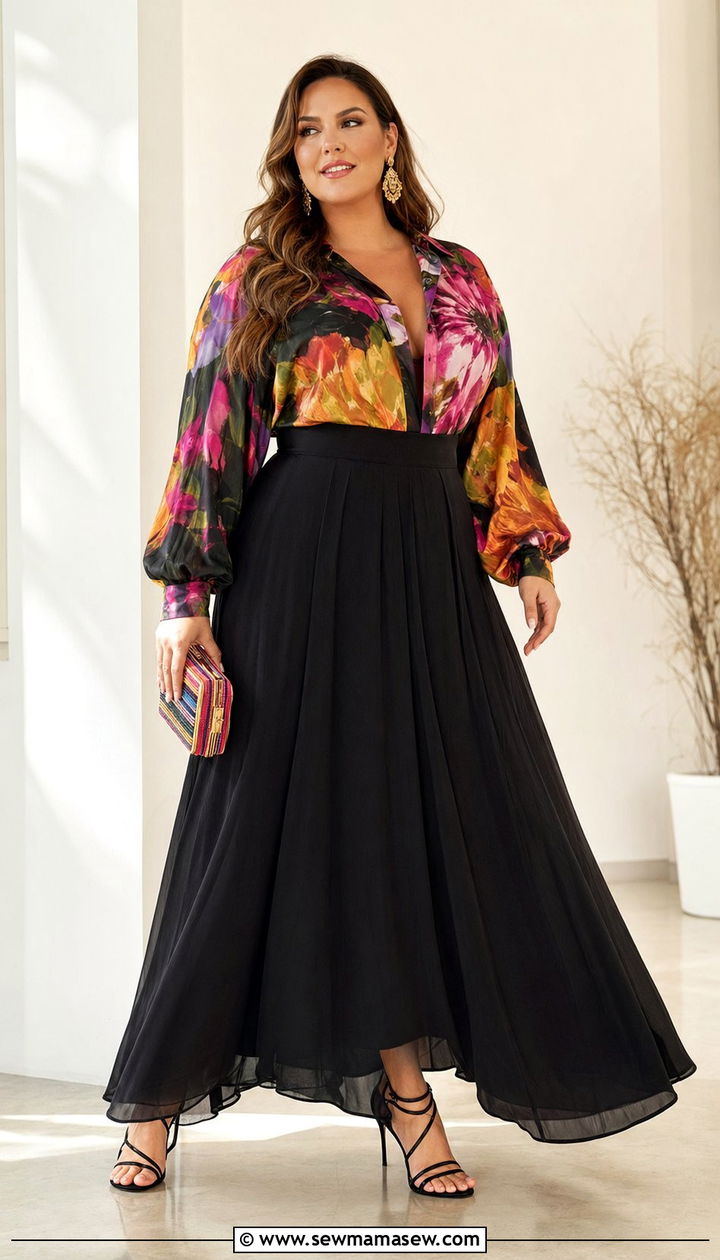 Plus Size Black Maxi Skirt With Statement Blouse - 30 Best skirts for plus size