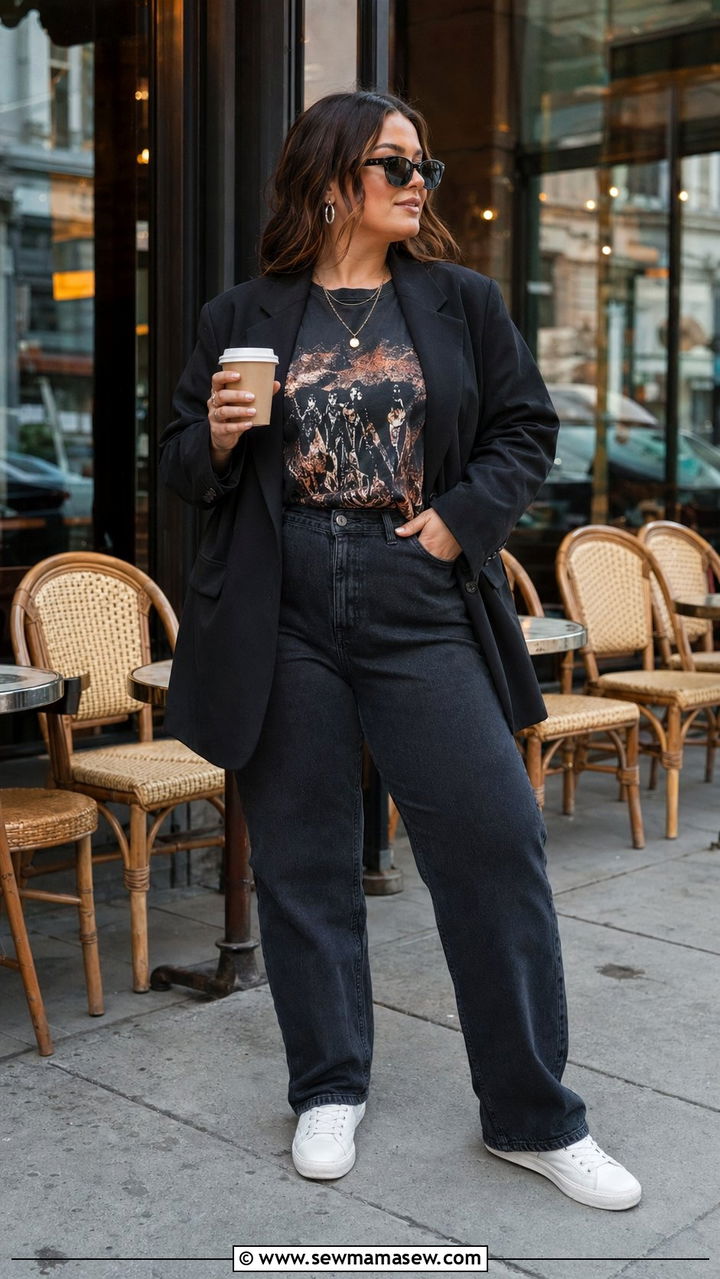 Plus Size Blazer with Graphic Tee and Jeans - 35 Outfit ideas for plus size