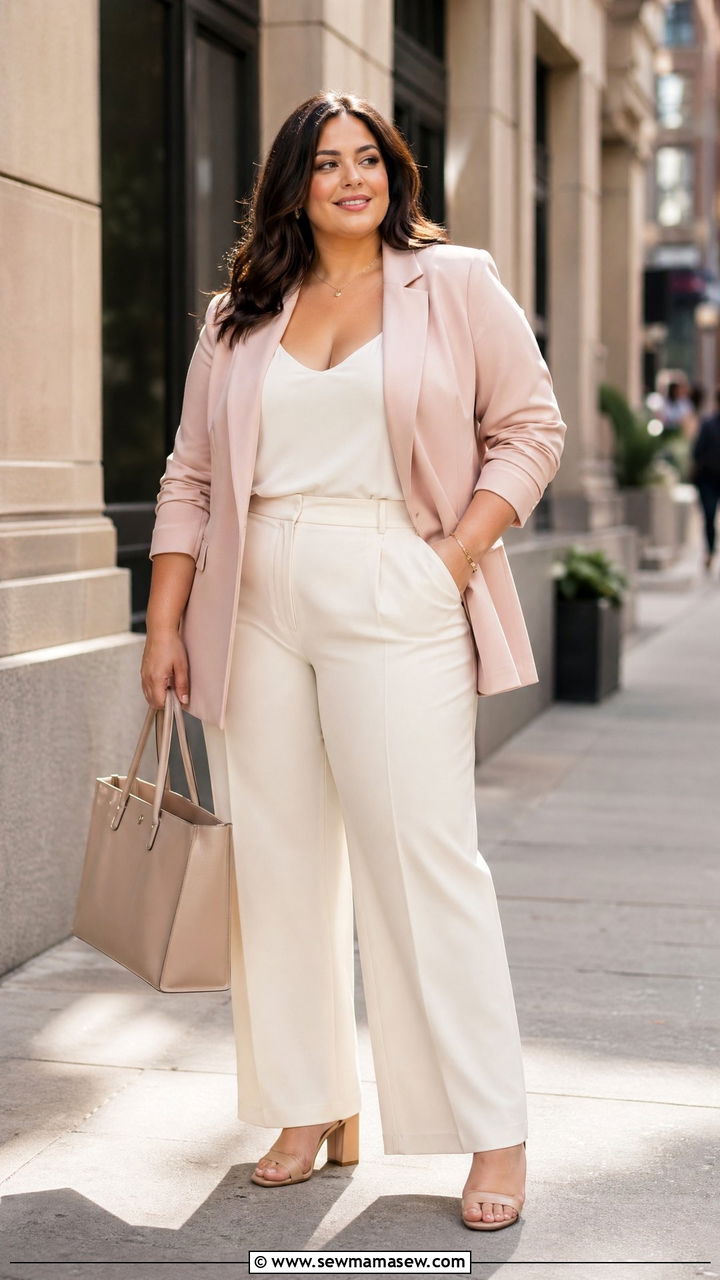 Plus Size Blush Blazer And Wide Leg Trousers Spring Outfit - 35 spring outfits for plus size women