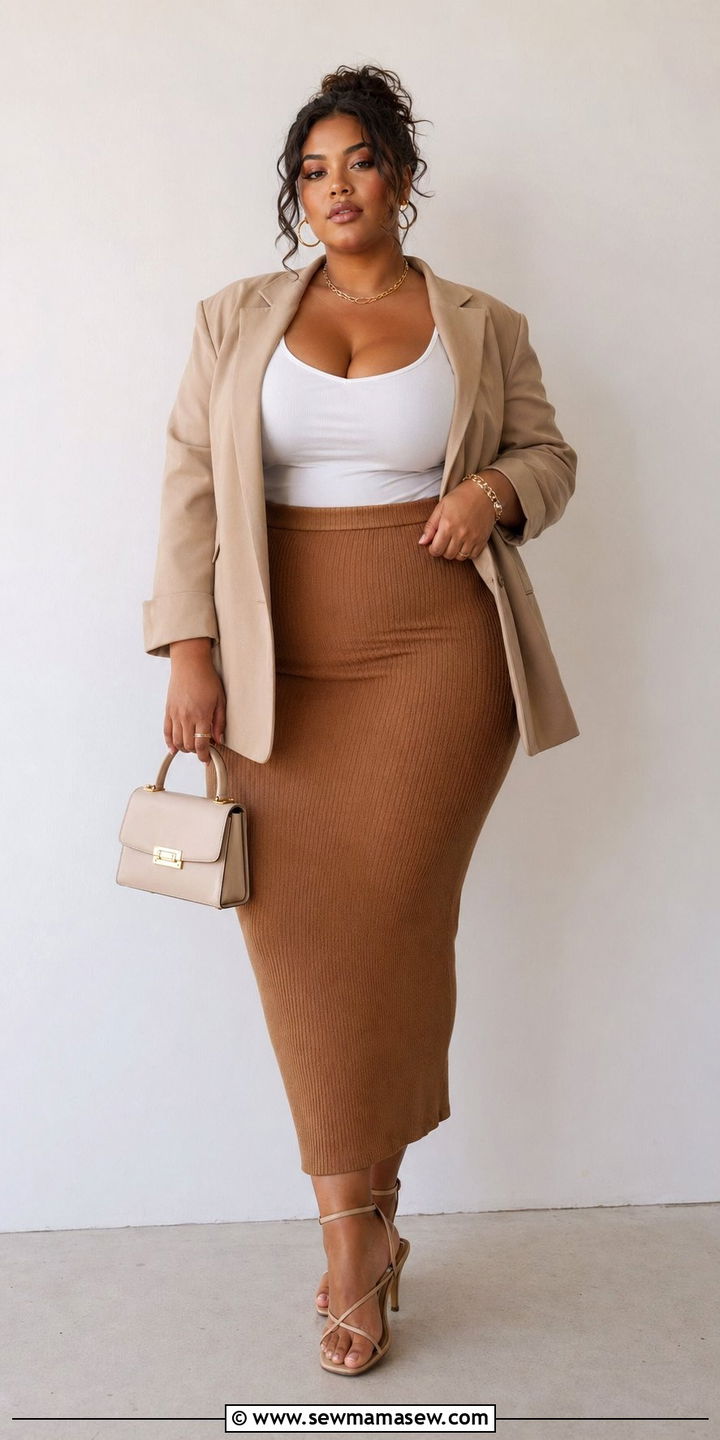 Plus Size Bodycon Midi Skirt With Oversized Blazer - 30 Best skirts for plus size