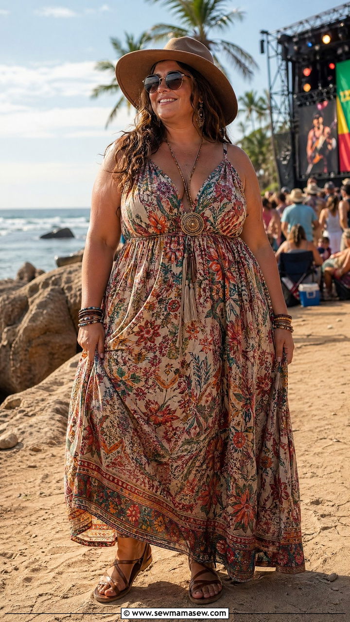 Plus Size Boho Maxi Dress Flat Sandals Concert Outfit - 35 Concert outfits for plus size