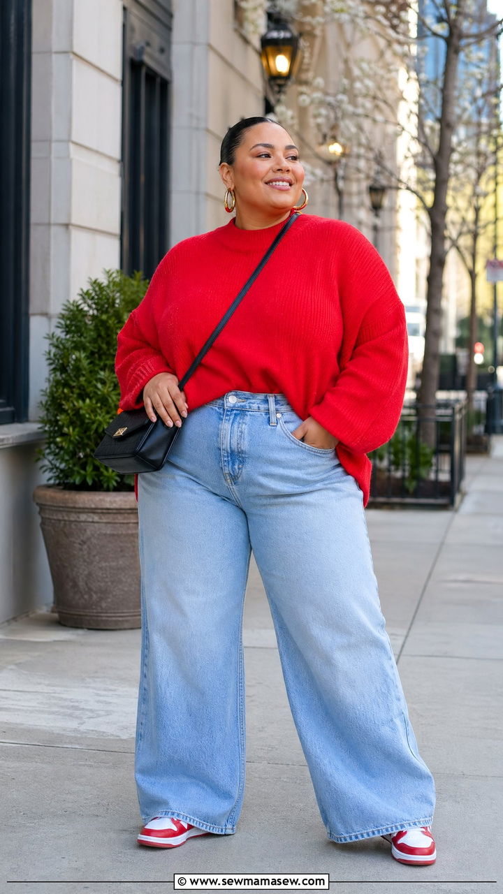 Plus Size Bold Red Sweater with Relaxed Denim - 35 Spring outfits for plus size