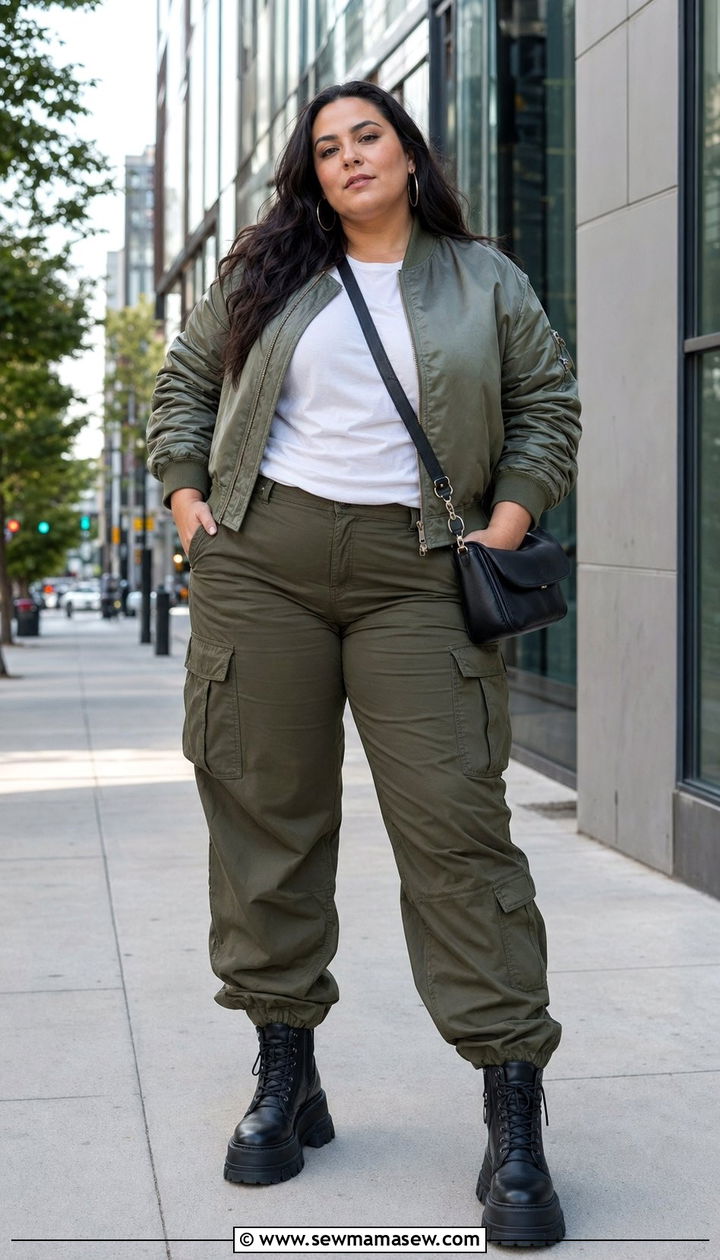 Plus Size Bomber Jacket and Cargo Pants - 35 Plus size outfit ideas size 20