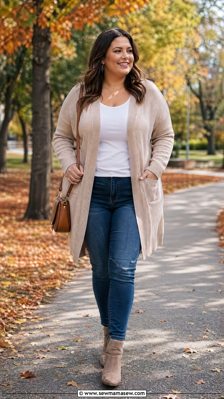 Plus Size Cardigan with Tee and Jeans - 35 casual outfits for plus size women
