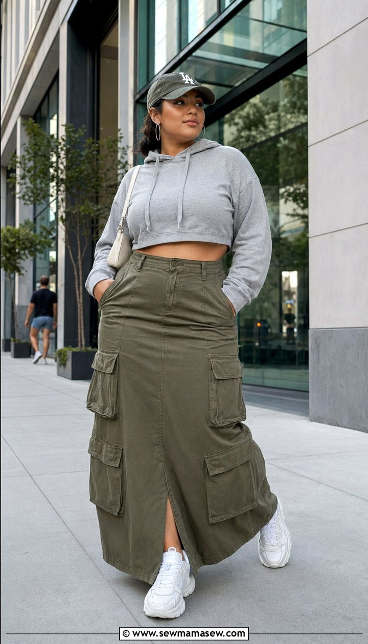 Plus Size Cargo Utility Maxi Skirt With Cropped Hoodie - 30 Best skirts for plus size