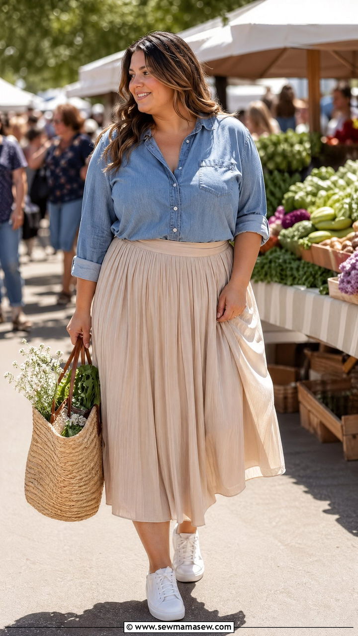 Plus Size Chambray Shirt And Midi Skirt Spring Outfit - 35 spring outfits for plus size women