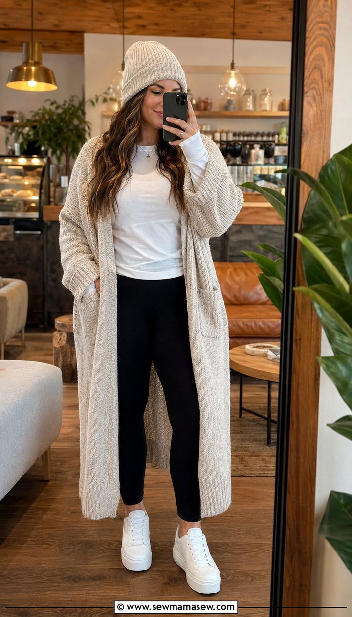 Plus Size Chunky Cardigan with Leggings and Sneakers - 35 Outfit ideas for plus size