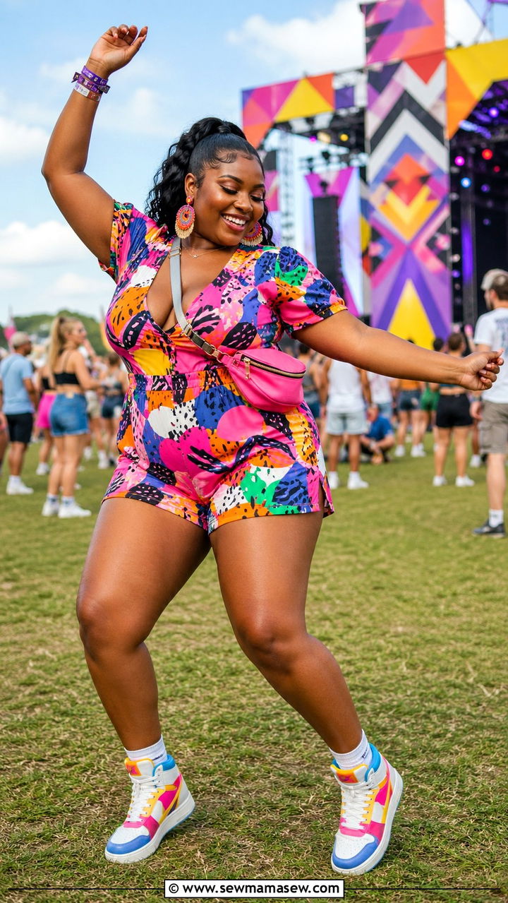 Plus Size Colorful Romper With High Top Sneakers Festival Outfit - 30 Plus size festival outfit ideas