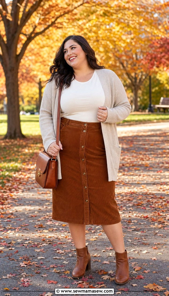 Plus Size Corduroy Button Front Skirt With Cardigan - 30 Best skirts for plus size