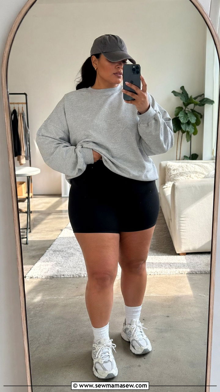Plus Size Crewneck Sweatshirt and Biker Shorts - 35 Plus size outfit ideas size 20