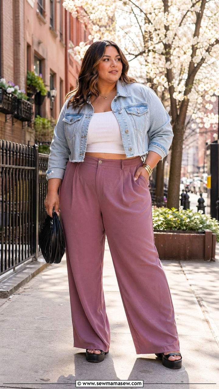 Plus Size Cropped Denim Jacket and Wide Leg Pants - 35 Spring outfits for plus size