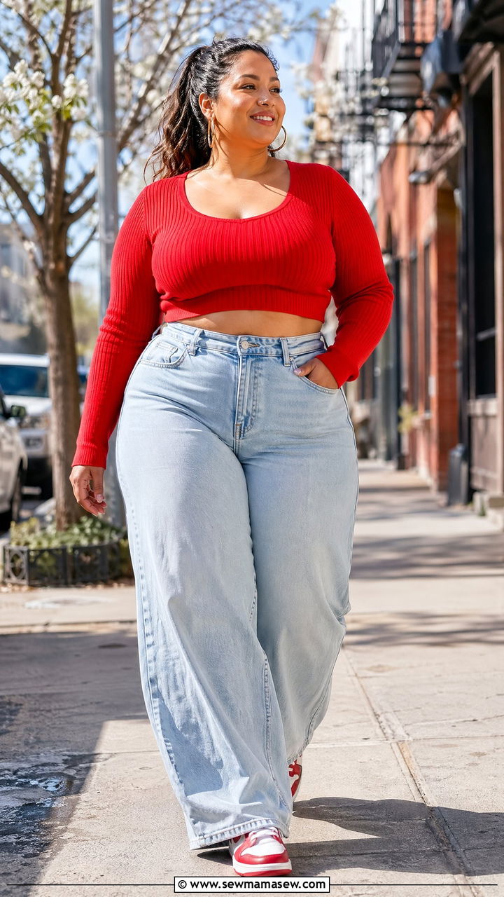 Plus Size Cropped Knit Top And Wide Leg Jeans Spring Outfit - 35 spring outfits for plus size women