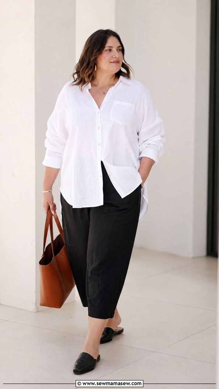 Plus Size Cropped Pants and Linen Shirt - 35 casual outfits for plus size women