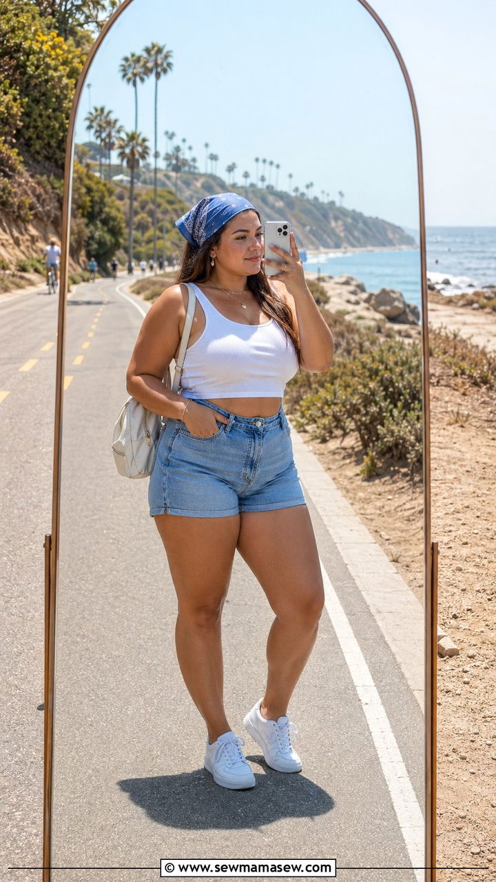 Plus Size Cropped White Tank With High Waisted Denim Shorts - 30 Beach vacation outfit ideas plus size
