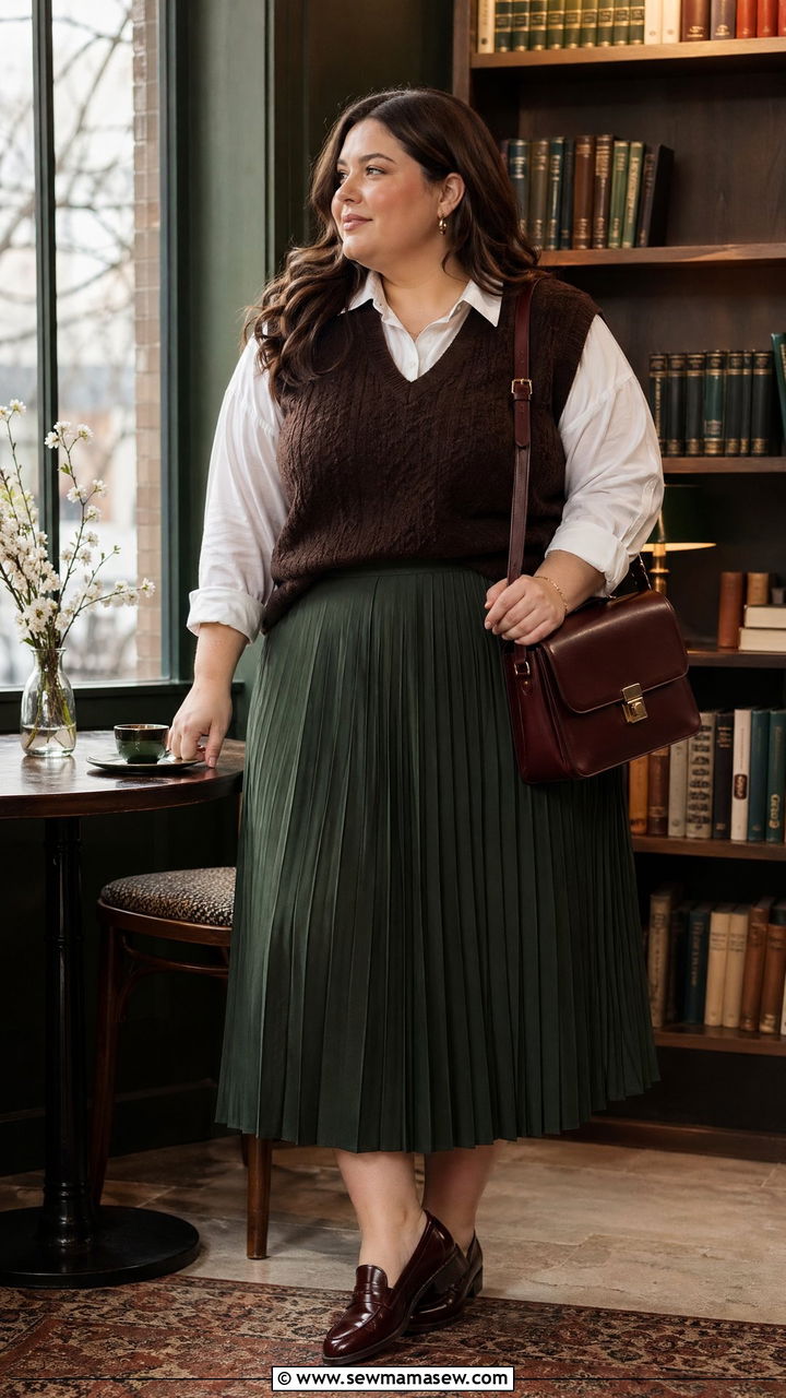 Plus Size Dark Academia Pleated Skirt and Vest - 35 Spring outfits for plus size