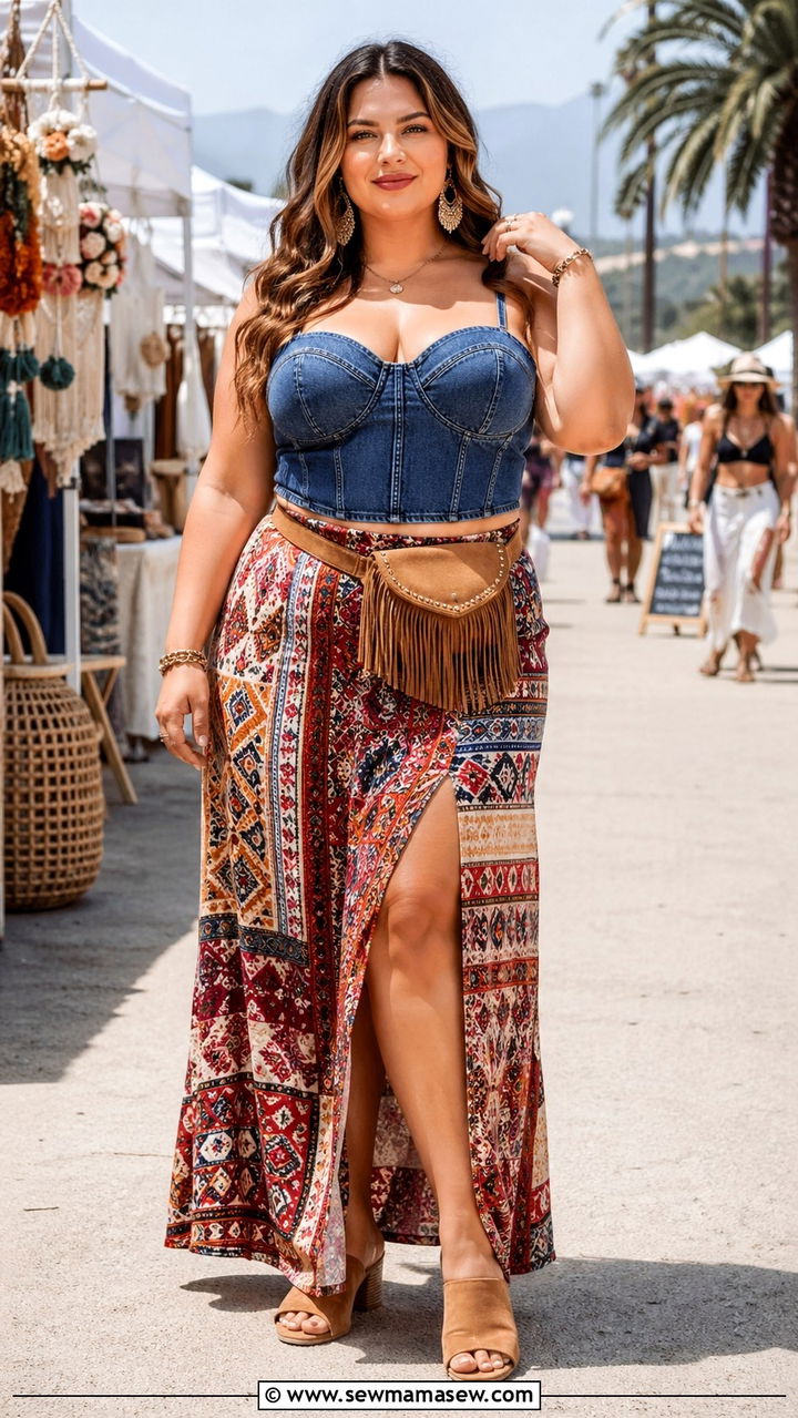 Plus Size Denim Corset Top And Printed Maxi Skirt Festival Look - 30 Plus size festival outfit ideas