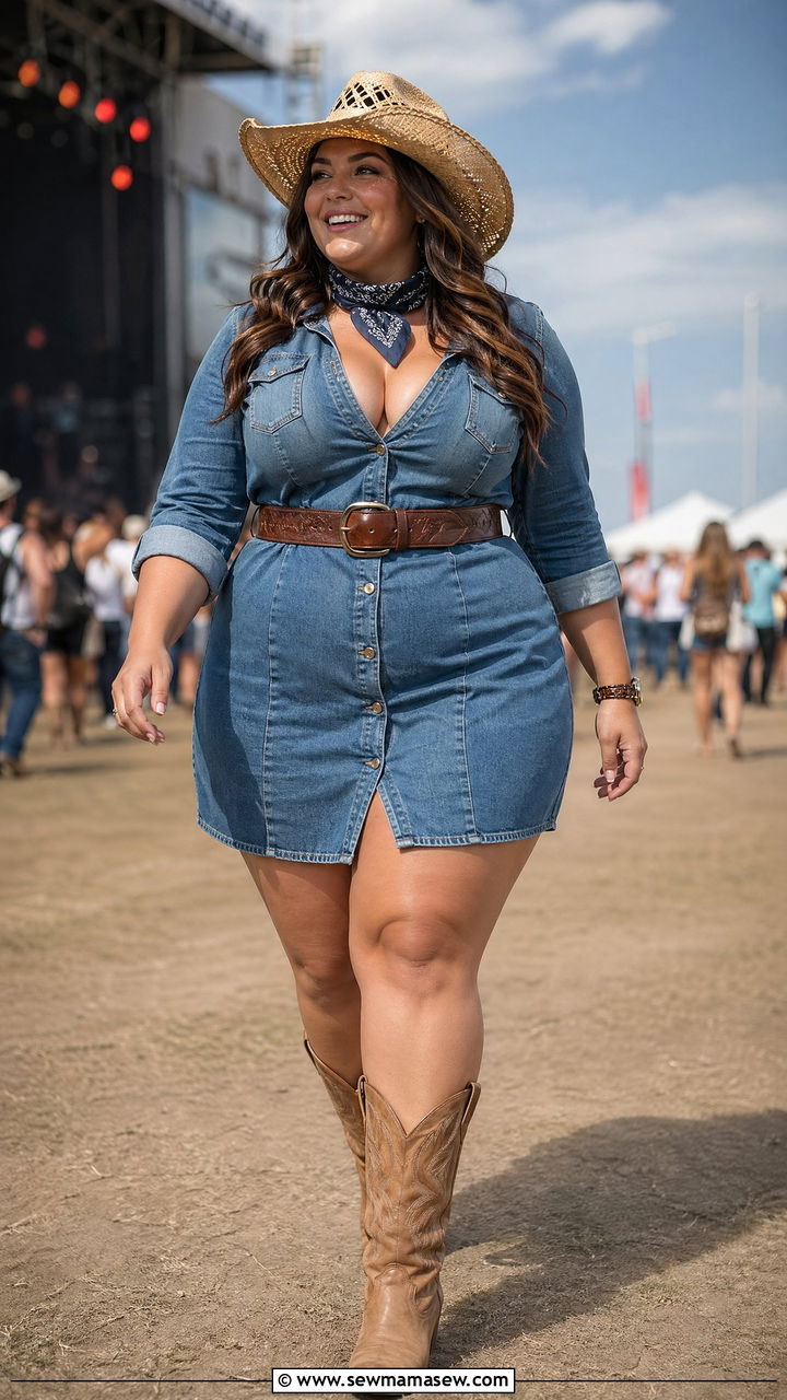 Plus Size Denim Dress with Cowboy Boots Country Concert Look - 35 Concert outfits for plus size