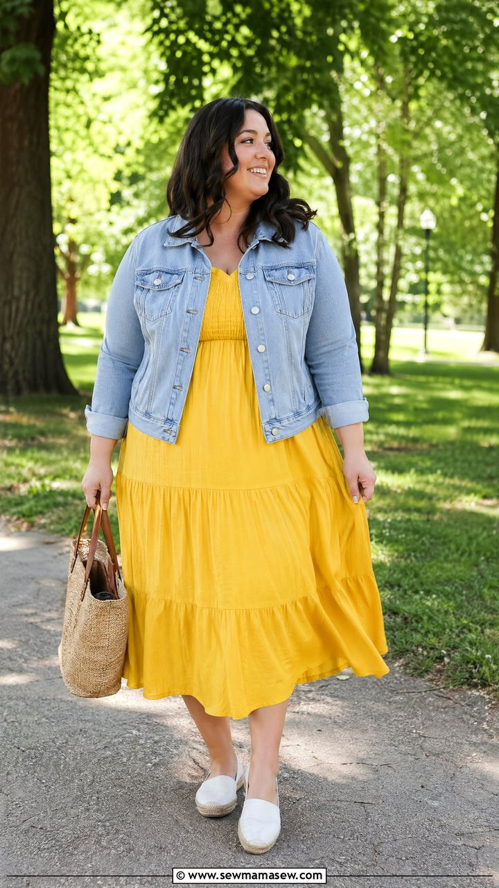 Plus Size Denim Jacket Over Yellow Midi Dress Spring Outfit - 35 spring outfits for plus size women