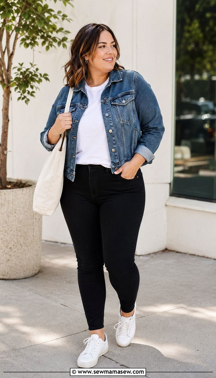 Plus Size Denim Jacket with Black Jeans - 35 plus size outfit ideas for women