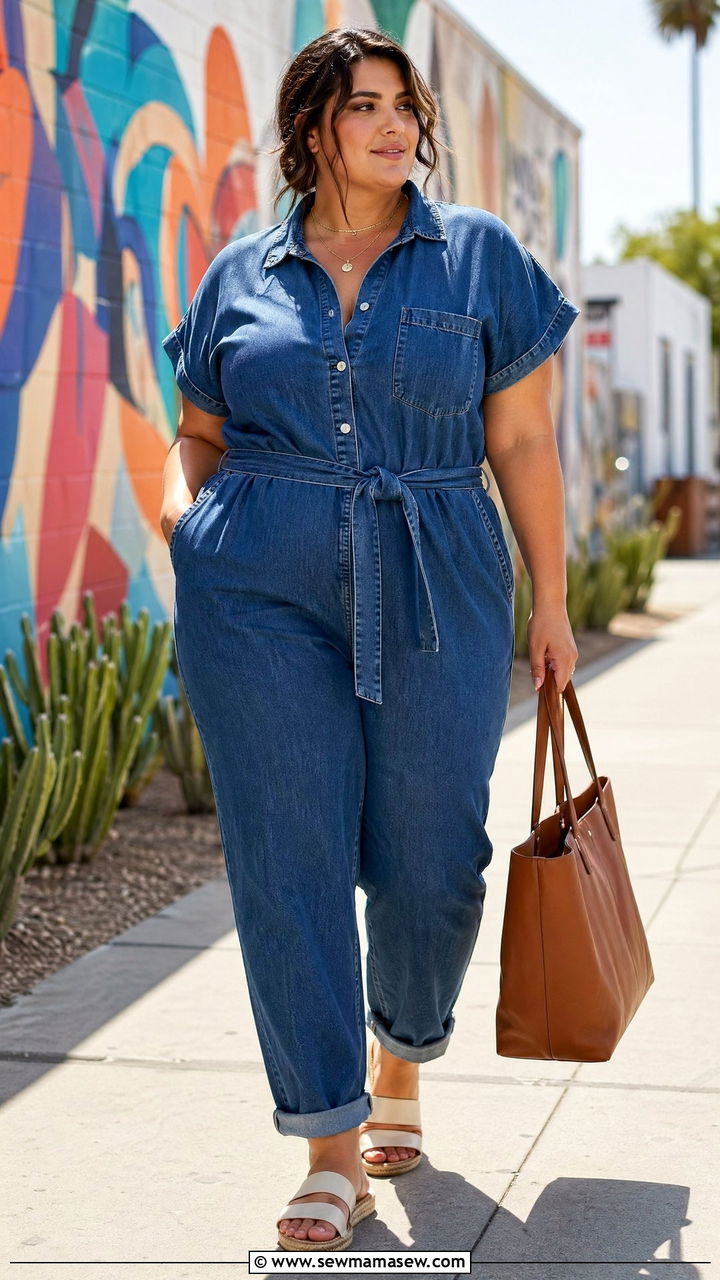 Plus Size Denim Jumpsuit and Sandals - 35 casual outfits for plus size women