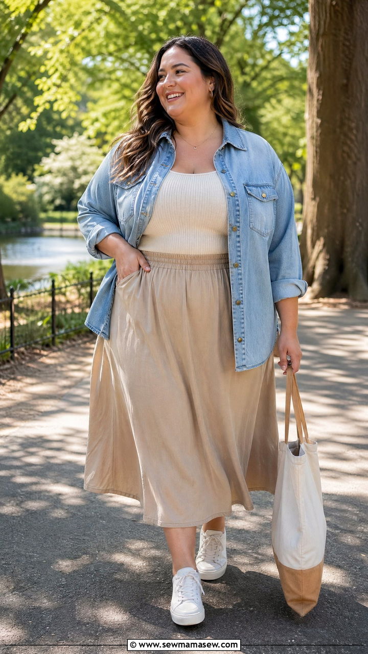 Plus Size Denim Shacket And Midi Skirt Spring Outfit - 35 spring outfits for plus size women