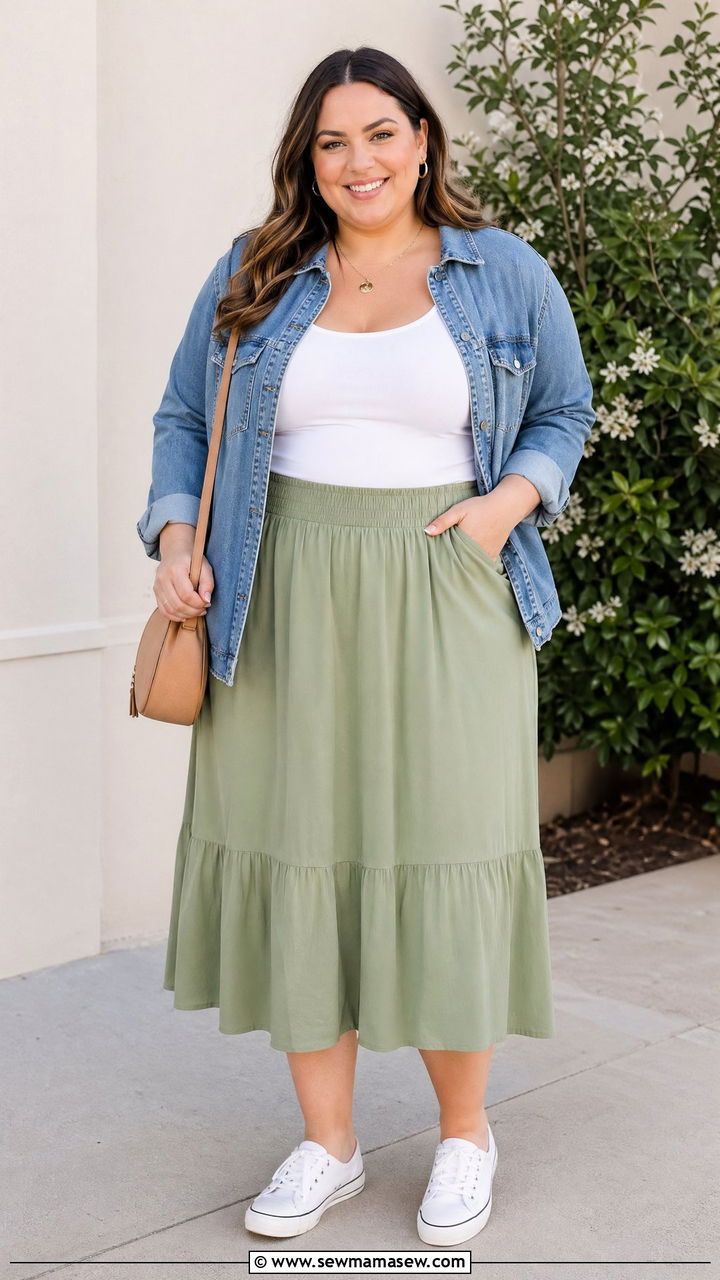Plus Size Denim Shacket and Midi Skirt - 35 Spring outfits for plus size
