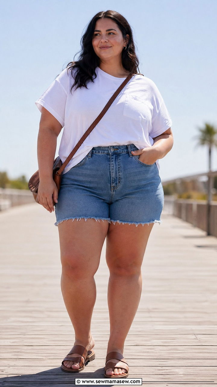 Plus Size Denim Shorts and White Tee Outfit - 35 casual outfits for plus size women