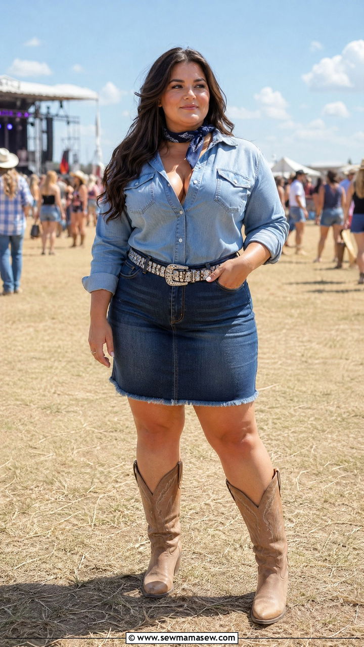 Plus Size Denim on Denim Cowboy Boots Concert Outfit - 35 Concert outfits for plus size