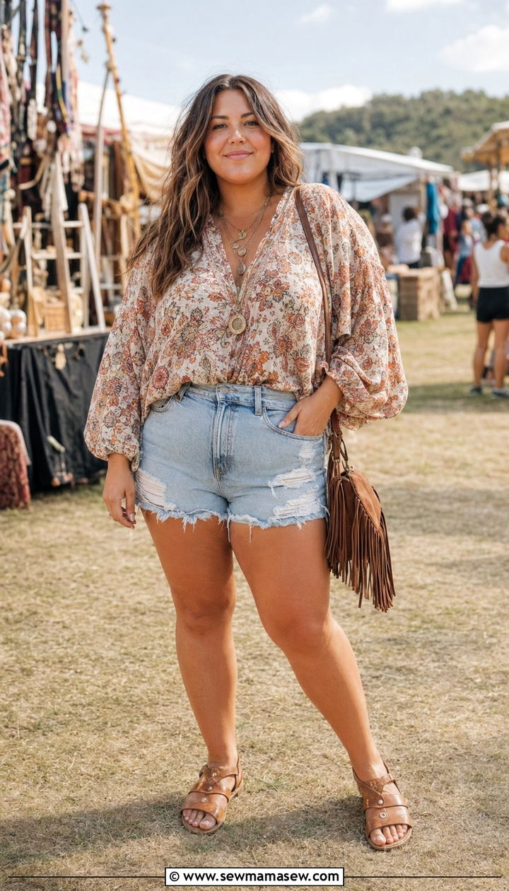 Plus Size Distressed Jean Shorts With Boho Blouse - 30 Best shorts for plus size