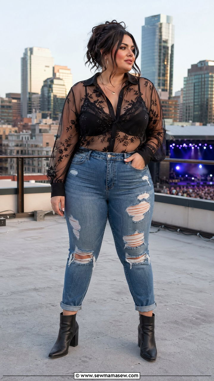 Plus Size Distressed Jeans Sheer Blouse Concert Outfit - 35 Concert outfits for plus size