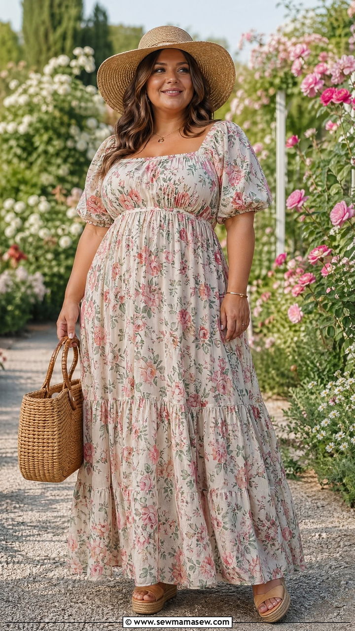 Plus Size Empire Waist Floral Dress - 35 summer cottagecore outfit ideas