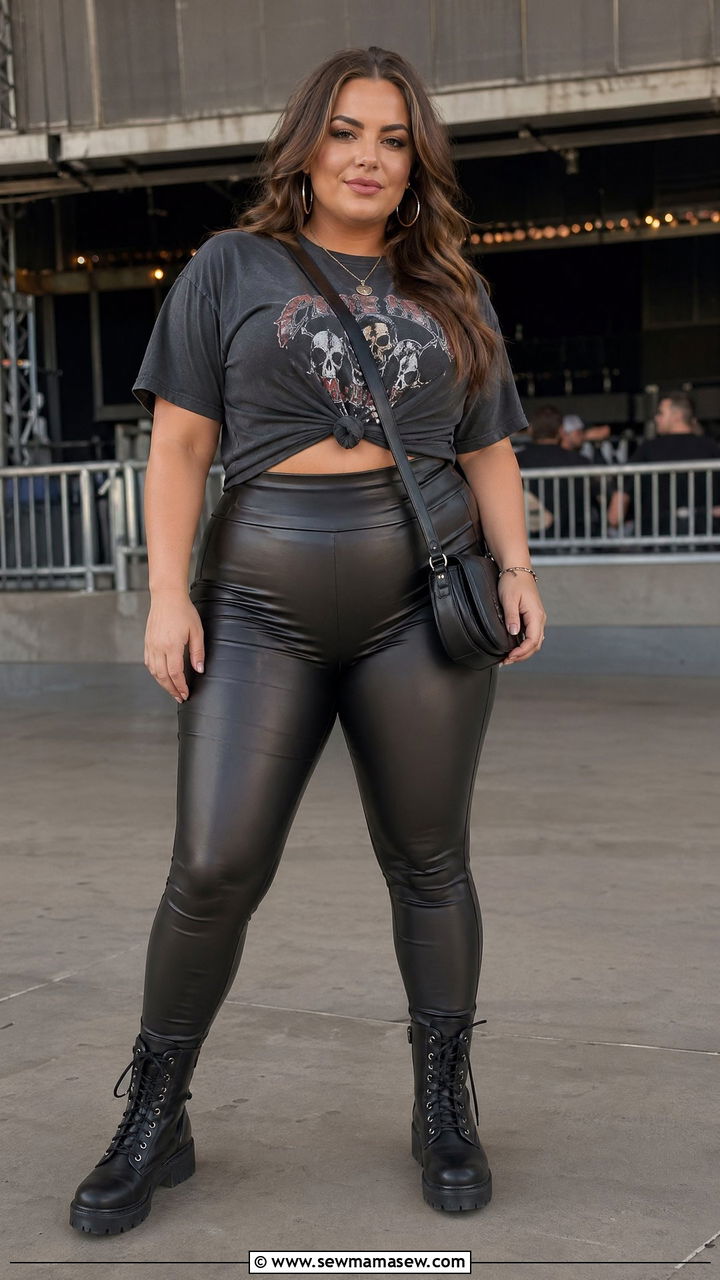 Plus Size Faux Leather Leggings and Band Tee Concert Outfit - 35 Concert outfits for plus size