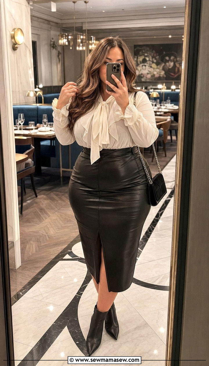 Plus Size Faux Leather Skirt and Blouse - 35 plus size outfit ideas for women