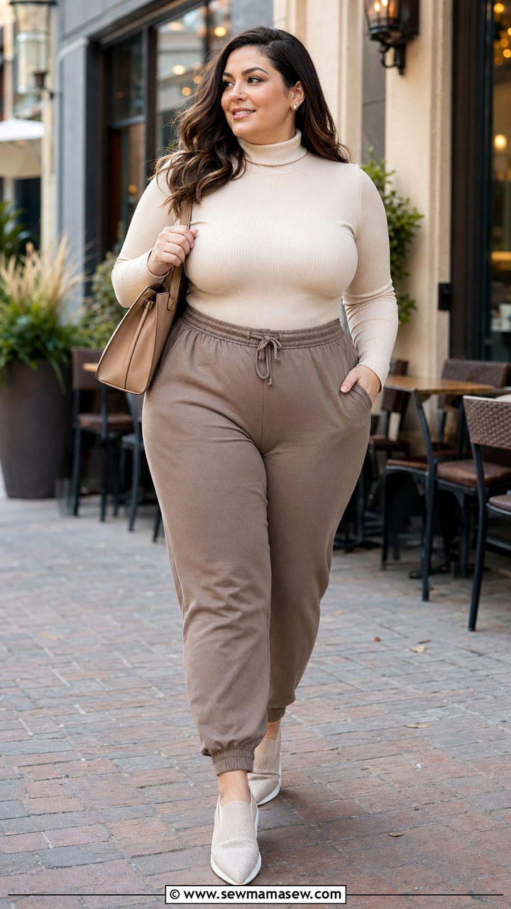 Plus Size Fitted Turtleneck and Joggers Outfit - 35 Plus size athleisure outfits