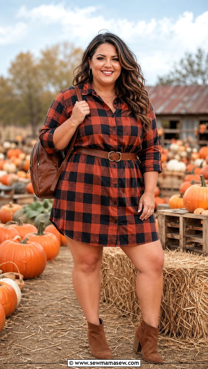 Plus Size Flannel Shirt Dress with Ankle Boots - 35 Outfit ideas for plus size