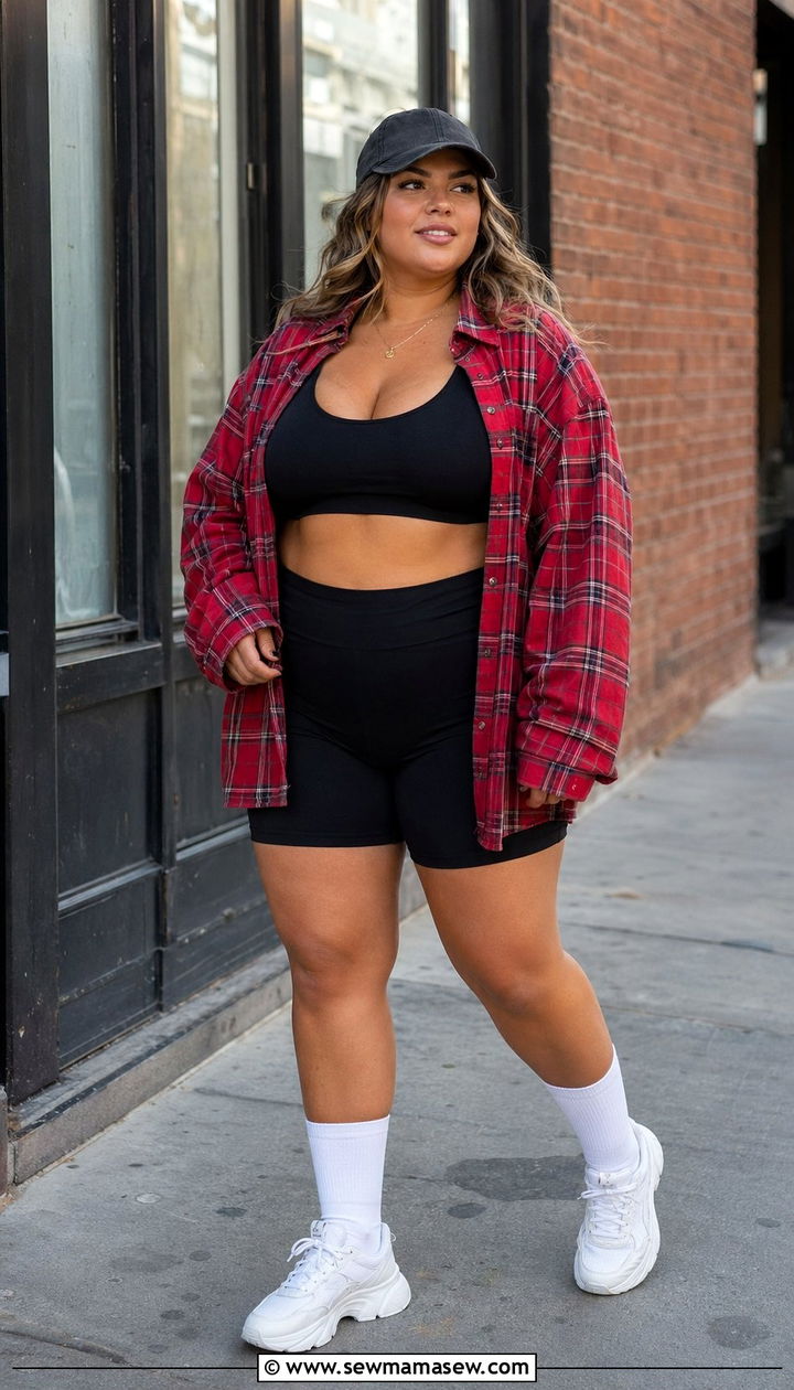 Plus Size Flannel Shirt and Biker Shorts Outfit - 35 Plus size athleisure outfits