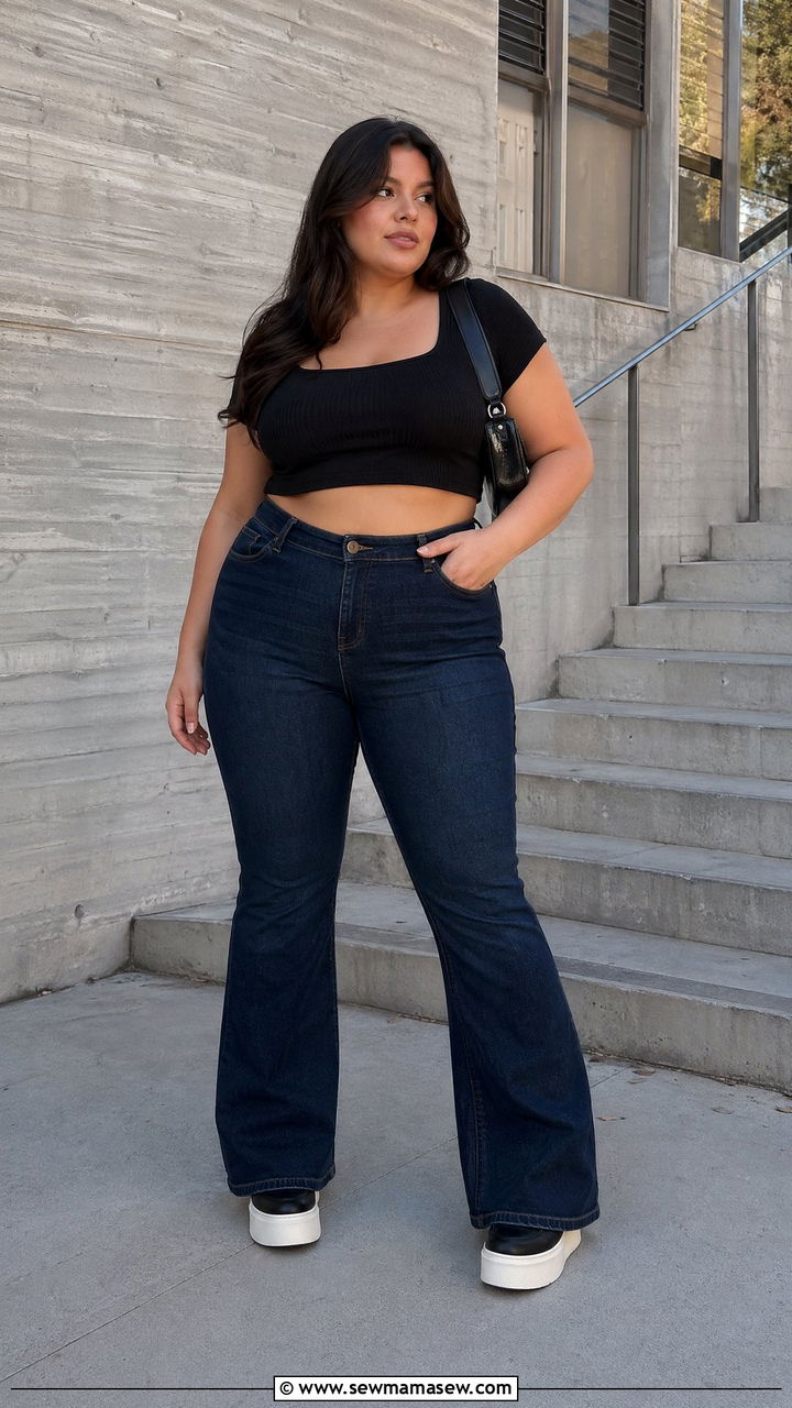 Plus Size Flare Jeans and Cropped Top Outfit - 35 casual outfits for plus size women