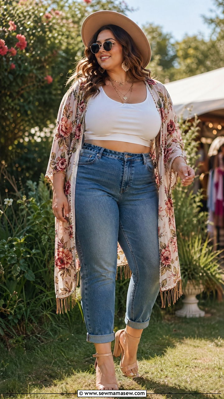Plus Size Floral Kimono Crop Top and High Waisted Jeans Outfit - 35 Concert outfits for curvy women