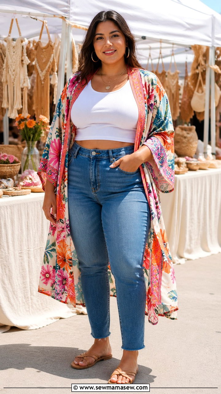Plus Size Floral Kimono With Crop Top Festival Outfit - 30 Plus size festival outfit ideas