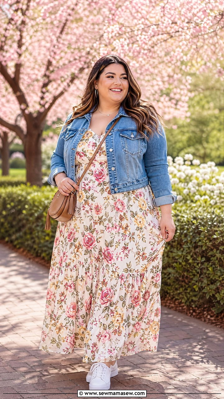 Plus Size Floral Maxi Dress And Denim Jacket Spring Outfit - 35 spring outfits for plus size women